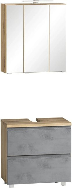 Held Möbel Ancona 2-tlg. Badezimmer-Set mit Unterbecken-Schrank und Spiegelschrank in Betongrau-Wotaneiche, Breite: 60 cm, Höhe: 56 cm, Tiefe: 35 cm - Bild 1