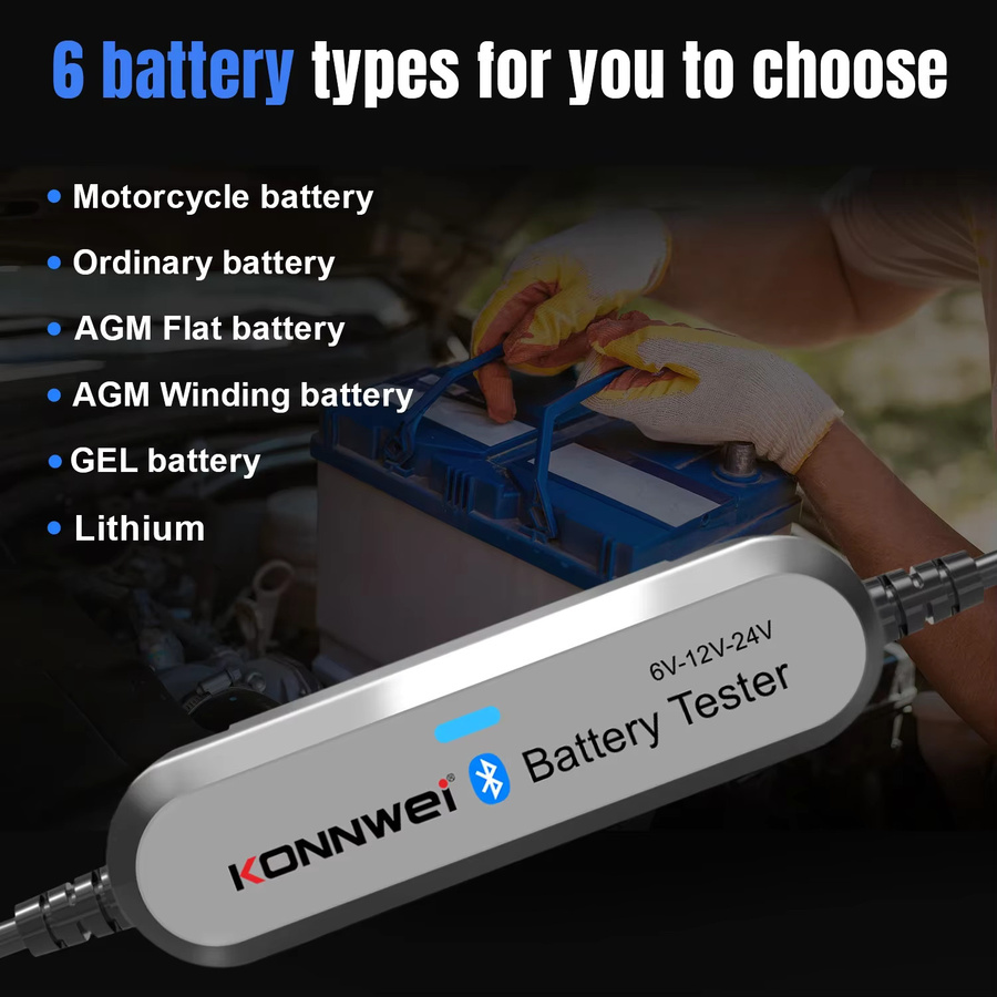 KONNWEI BK200 Bluetooth 5.0 Batterietester für Auto und Motorrad, Wellenformmonitor für 6V 12V 24V, Lade- und Starttestgerät mit 100-2000 CCA, Schwarz - Bild 2