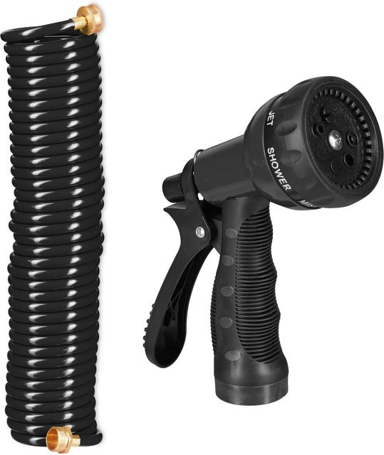 Relaxdays Spiralschlauch mit Brause in Schwarz aus Kunststoff und Messing, 10 m Länge - Bild 1