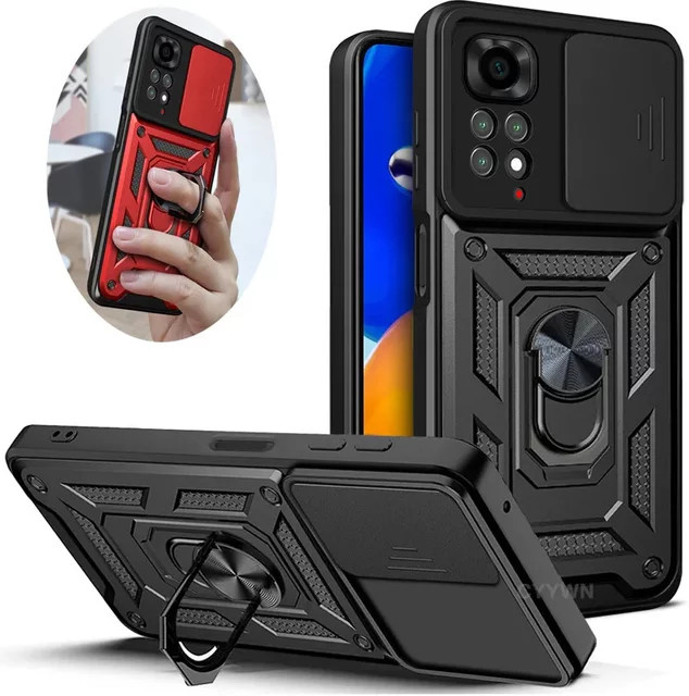 Slide Kamera Objektiv Schutz Rüstung mit Ring Halterung und Push Abdeckung für Xiaomi Redmi Note 14 13 12 11 Pro Plus 11s 12s in Schwarz und Silber - Bild 1