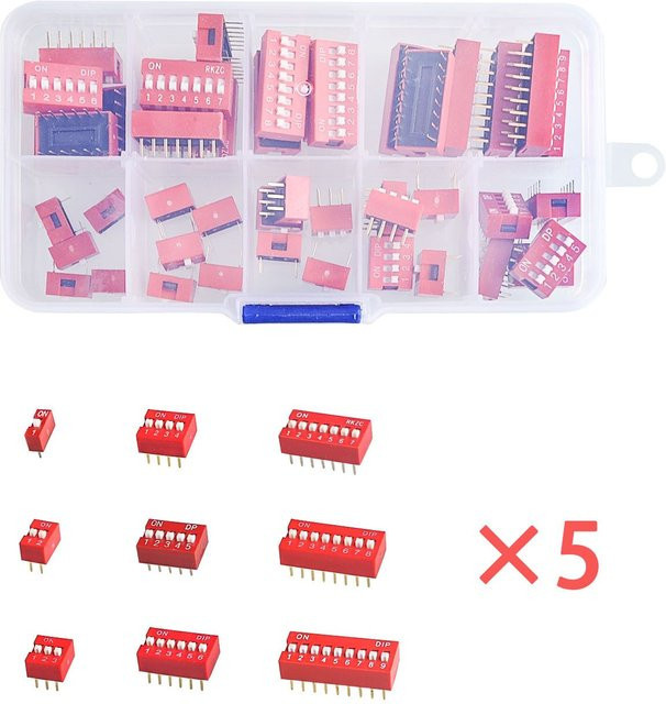 Si Tai&SH Dip-Switch-Kit mit 45 roten Kippschaltern in 5er-Sets, 0,5 mm 1- bis 9-Wege-Schnappschalter in einer Box - Bild 1