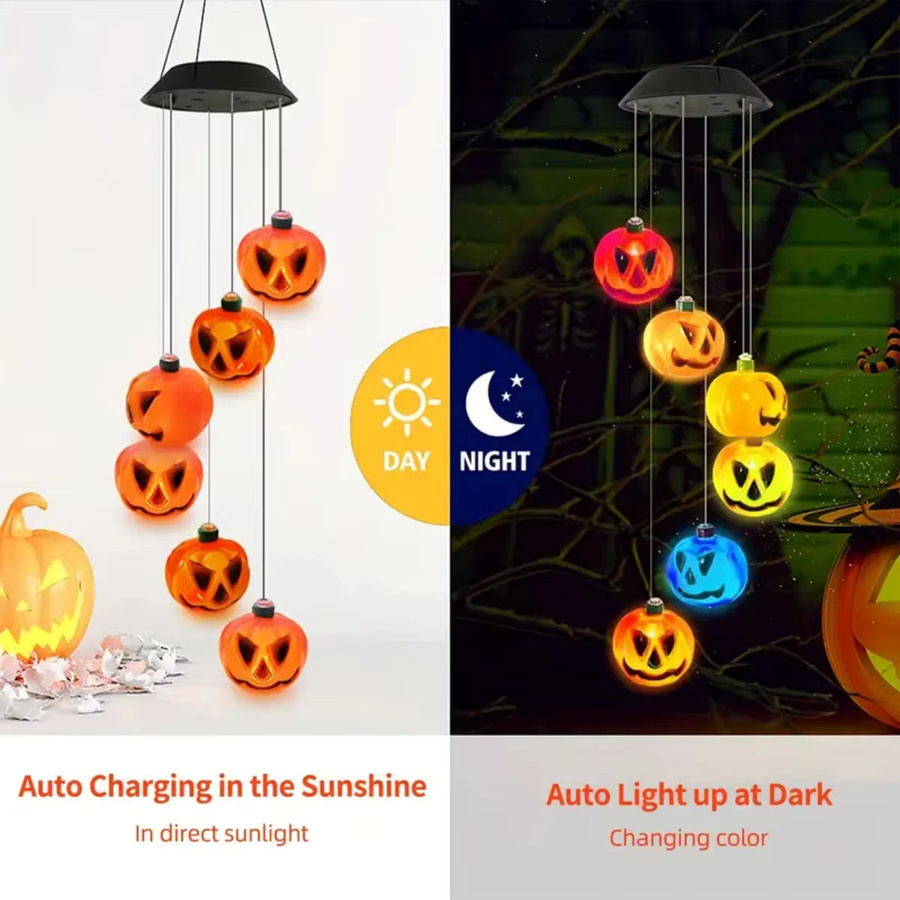 Peach Forest Halloween Solar Windspiel mit 6 farbwechselnden LED Kürbissen, wasserdicht, Schwarz/Mehrfarbig - Bild 3