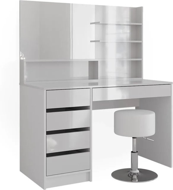 Vicco Schminktisch Sherry Weiß Hochglanz mit Spiegel, Regal und Hocker, B: 120 cm, T: 75 cm, H: 75 cm - Bild 2