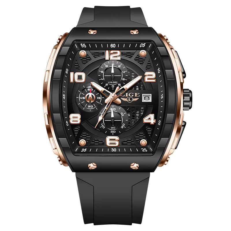 LIGE Chronograph Herrenuhr, Quarz, Silikonarmband, Schwarz - Bild 6