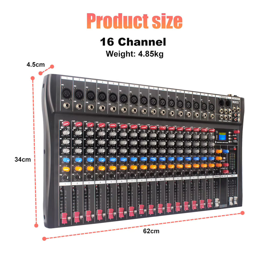 Yamnweo CT160 Professioneller 16-Kanal Audio-Mixer in Schwarz mit Bluetooth, USB MP3-Wiedergabe, 3-Band-EQ und 48V Phantomspeisung für Studioaufnahme, DJ-Bühnen und Live-Übertragungen - Bild 2