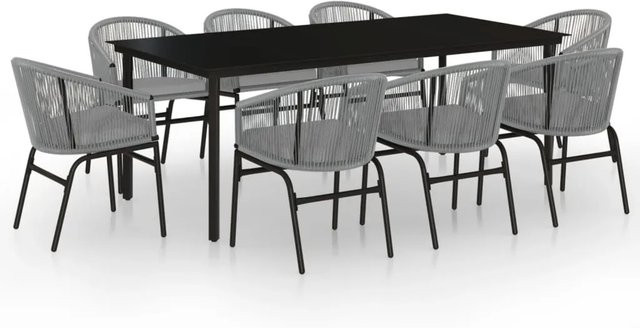 vidaXL 9-teilige Garten-Essgruppe in Grau mit Tisch aus gehärtetem Glas und Polsterstühlen aus PVC-Rattan und pulverbeschichtetem Stahl - Bild 1
