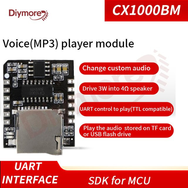 diymore CX1000BM Serial Port MP3 Voice Chip Modul mit TF-Kartenslot, Schwarz, DC 3,3 - 5,2 V - Bild 1