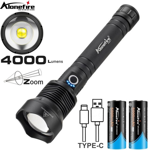 Alonefire LED Hochleistungs-Taschenlampe mit 4000 Lumen und Zoom, USB wiederaufladbar, Schwarz, Aluminium - Bild 1