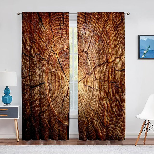 2-teiliger halbverdunkelnder Vorhang mit Natur-Holz-Print in Braun, Polyester, B: 135 cm, H: 185 cm - Bild 1