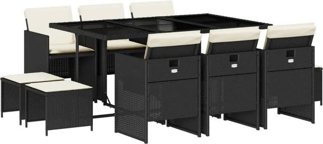 vidaXL 11-teilige Garten-Essgruppe aus Poly Rattan mit Kissen und Hartglas in Schwarz - Bild 1