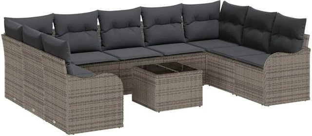 vidaXL Garten-Sofa-Set aus Poly-Rattan in Grau mit Kissen und Tisch, 10-teiliges L-Shape Lounge-Set mit UV-beständigen Polstern - Bild 1