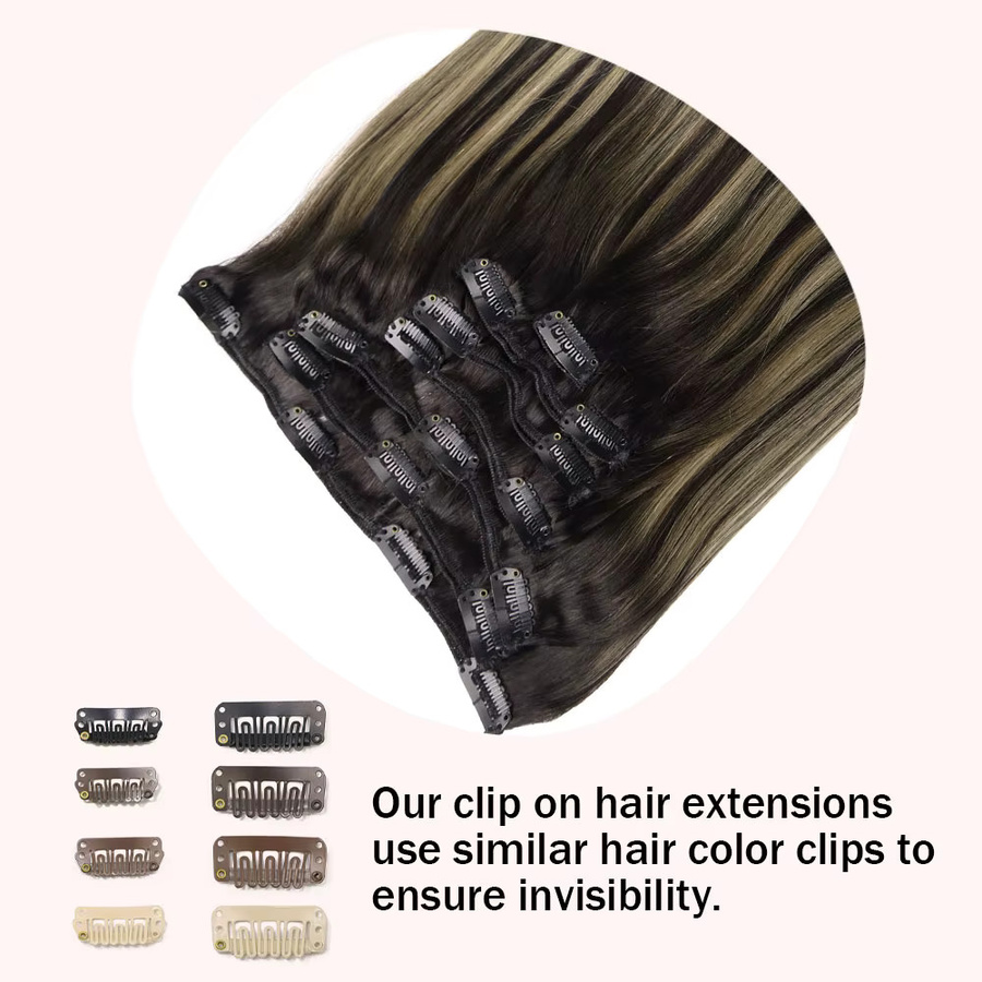 SHUOZI Clip-in-Haarverlängerung aus Echthaar, 7 Stück, Balayage, Schwarz-Goldblond - Bild 5