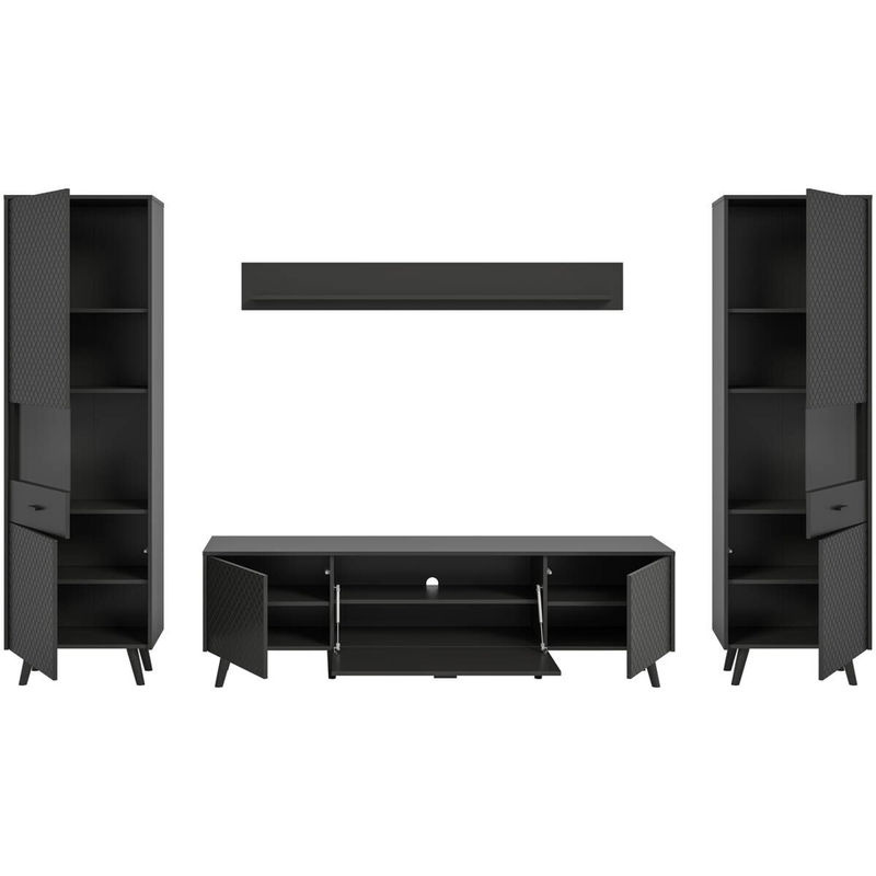 Wohnwand LINEA von xonox.home in Grau und Schwarz, modern mit Lowboard und Vitrine, B/H/T: 331 x 195 x 40 cm - Bild 3