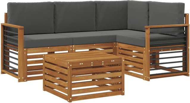 vidaXL 5-teiliges Gartenmöbelset L-Form aus Akazienholz in Natur und Anthrazit mit Kissen - Bild 1