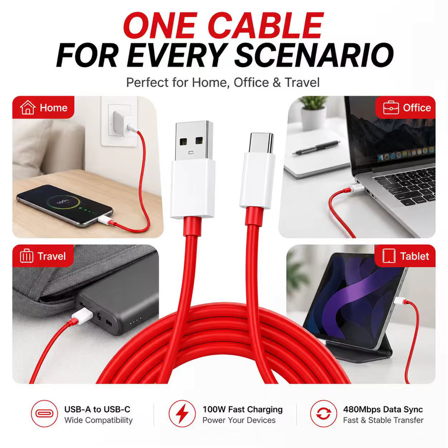 OnePlus 100W Typ-C Schnellladekabel Rot mit USB-A zu USB-C und USB-C zu USB-C Optionen für Datensynchronisation - Bild 5