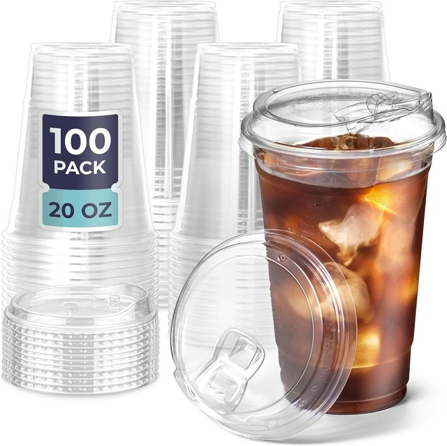 100er-Pack transparente Einweg-Plastikbecher mit Deckeln ohne Strohhalm als To-Go-Tumbler für Eiskaffee und Kaltgetränke - Bild 1
