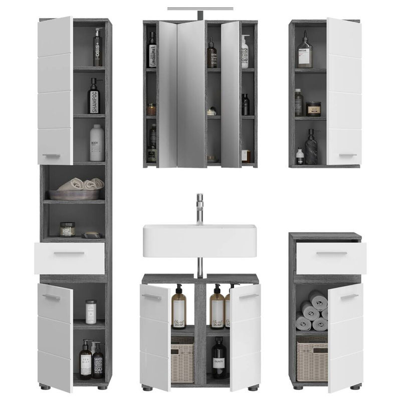 xonox.home Badmöbel-Set Blake 6-teilig in Weiß Hochglanz mit Rauchsilber-Elementen, B/H/T: 164 x 191 x 34 cm - Bild 3