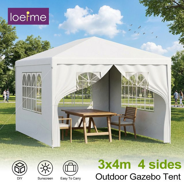 LOEFME Outdoor-Pavillon Markisenzelt für 6-8 Personen, wasserdicht und winddicht mit UV-Sonnenschutz und abnehmbaren Seitenwänden, B/T: 400 x 300 cm, grau/weiß - Bild 1