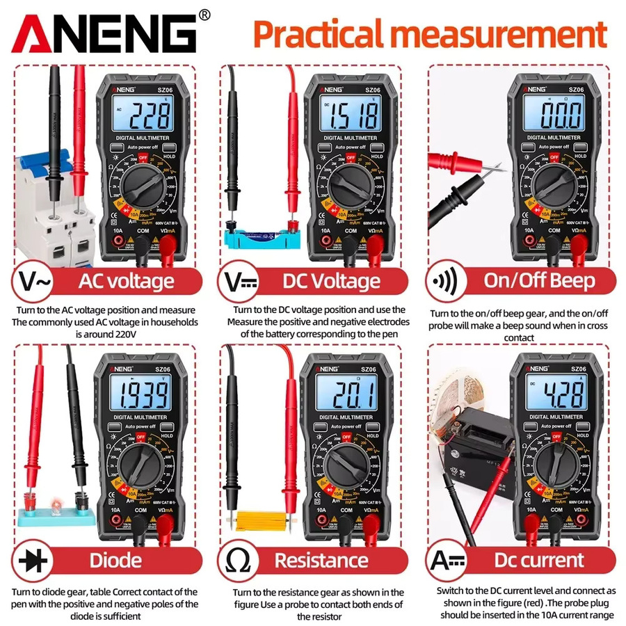 ANENG SZ06 Digitales Multimeter mit 2000 Messungen für 600V AC/DC Spannung, 10A DC Strommessung, Widerstand und Diodentest in Rot und Schwarz - Bild 5