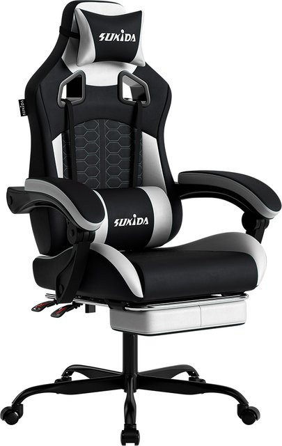 SUKIDA Ergonomischer Racing-Gaming-Stuhl in Schwarz-Weiß mit Kopfstütze und Lordosenstütze, verstellbar und drehbar aus Kunstleder - Bild 1