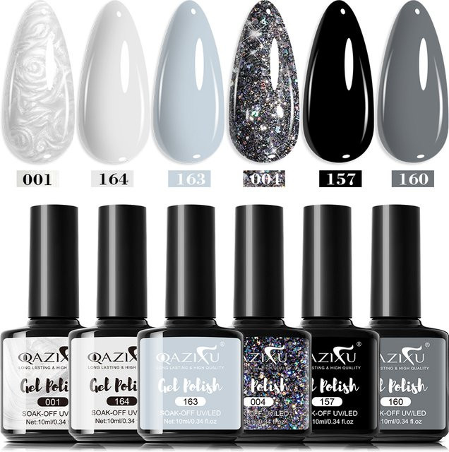QAZIXU Nagellack Gel, Grau Weiß Glitter, Semi Permanent - Bild 1