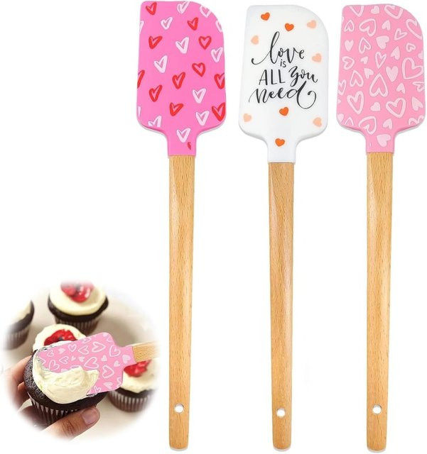 Galavilly Silikon-Spatel-Set mit Holzgriffen in Pink, Weiß und Multicolour, hitzebeständig und antihaftbeschichtet zum Kochen und Backen - Bild 1