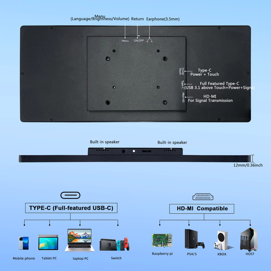 Wisecoco 12,3 Zoll Mini-Touchscreen-Display mit gestreckter Bar, IPS-LCD-Monitor in Schwarz, Auflösung 1920 x 720, HDMI und USB-C Anschluss für PC und Laptop - Bild 3