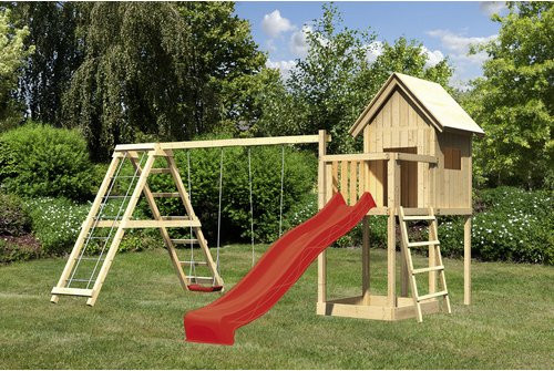 Karibu Kinderspielhaus Frieda Set mit Anbau, Klettergerüst und Rutsche in Natur und Rot - Bild 3