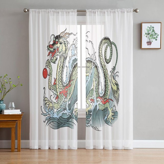 Your Warm Home Tüll-Vorhang mit chinesischem Drachen-Print, transparent, weiß/mehrfarbig, B: 135 cm, H: 160 cm - Bild 1