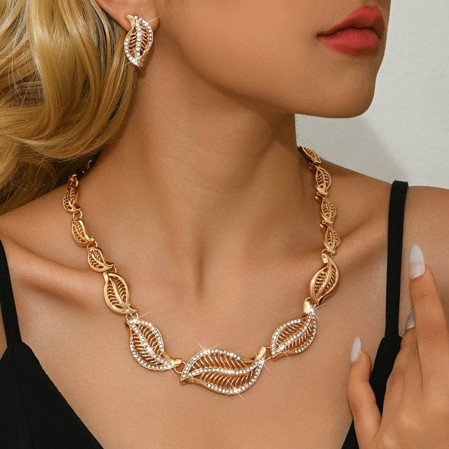 Halsketten-Ohrring-Set, Gold, Messing, Kristall, Unisex - Bild 1