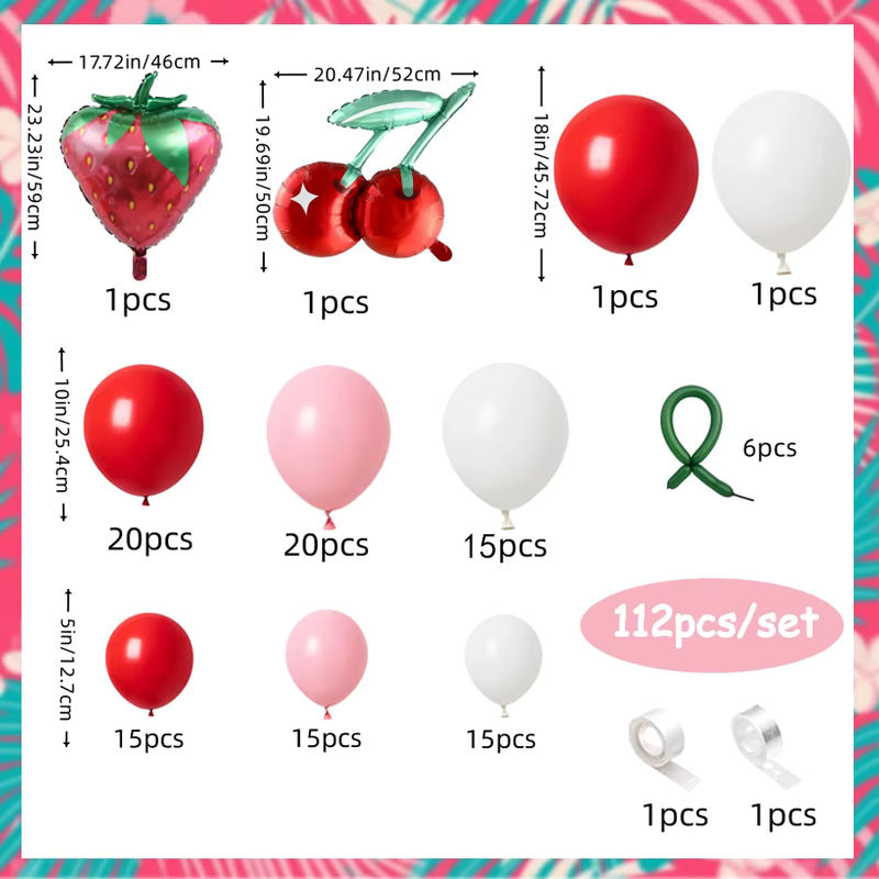 112-teiliges Party-Ballonkranz-Set mit Obstmotiv in Rosa, Rot und Weiß inklusive Kirsch- und Erdbeer-Folienballons - Bild 2