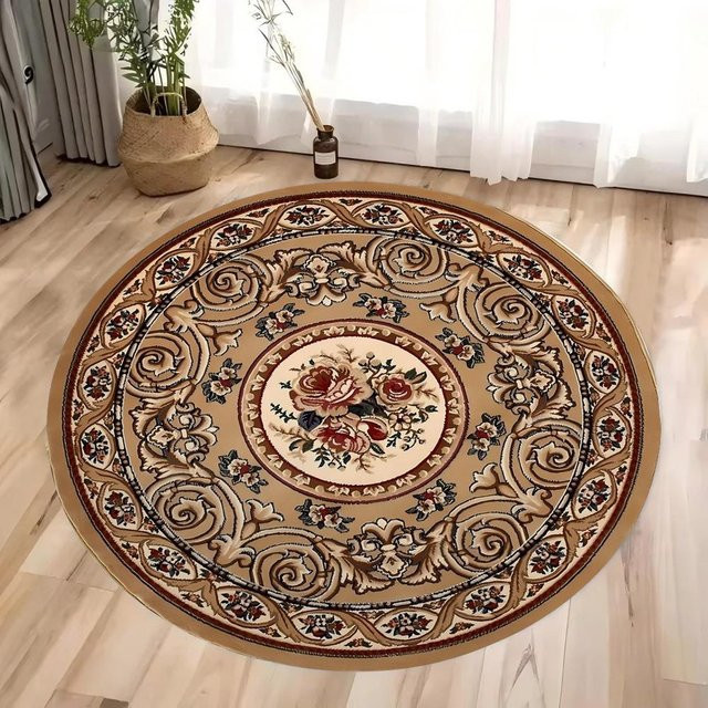 Runder Persischer Teppich Karpetti in Beige, Waschbare Orient-Badematte aus Polyester, Durchmesser: 40 cm - Bild 1