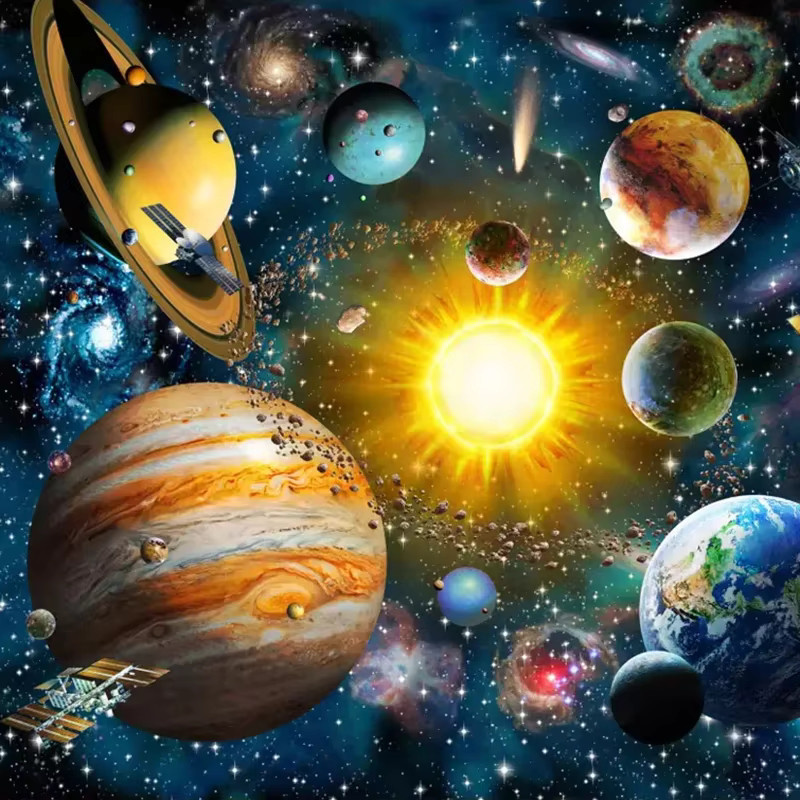 Moderne 3D Foto Tapete für das Kinderzimmer mit handgemaltem Cartoon Universum Sternen und Planeten in Multicolour von Jiadou - Bild 5