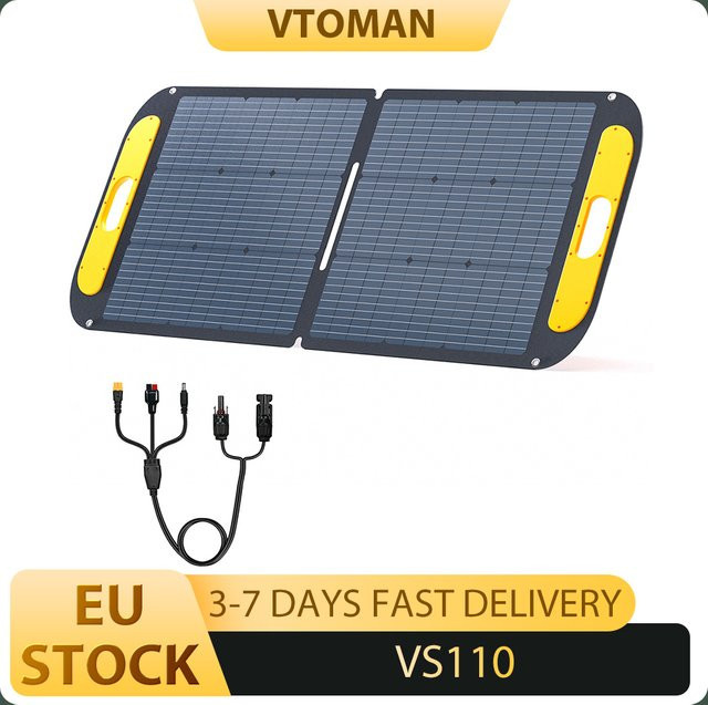 VTOMAN VS110 Faltbares Solarpanel mit 110 W, 23 % hocheffiziente monokristalline Zellen, IP67 wasserdichte ETFE-Oberfläche, verstellbarer Ständer und MC4-Anschluss in Schwarz - Bild 1