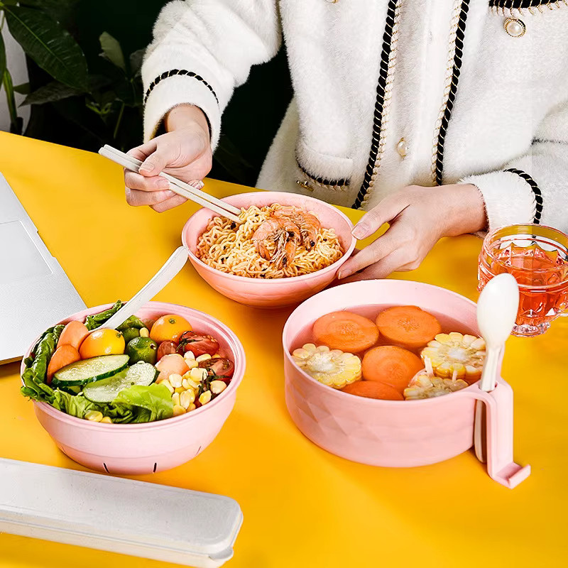 WANGYIXIN Mikrowellen-Ramen-Schüssel-Set aus Weizenstroh mit Griffen, Löffel, Essstäbchen und Gabel, Beige - Bild 4