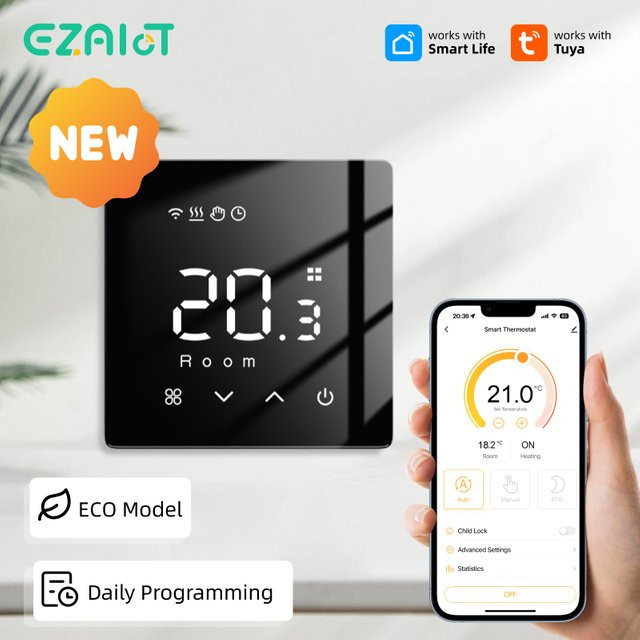 Tuya Intelligenter WLAN-Thermostat in Schwarz für Wasser-, Gas- und elektrische Fußbodenheizungen mit App-Steuerung und Google-Kompatibilität - Bild 1