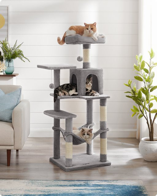 FEANDREA Kratzbaum für Katzen mit Hängematte, Höhle und integriertem Spielzeug, Höhe: 143 cm, Schwarz - Bild 2