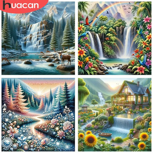 HUACAN 5D Diamant-Malset mit Berg, Wasserfall und Hirsch in Multicolor, Leinwand-Strass-Handwerk Set mit Full Round Diamanten - Bild 1