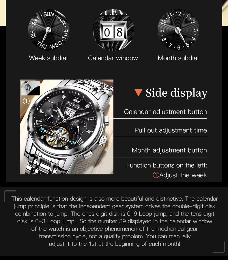 OLEVS Armbanduhr, Automatik, Edelstahl, Schwarz, Bicolor, Herren - Bild 6