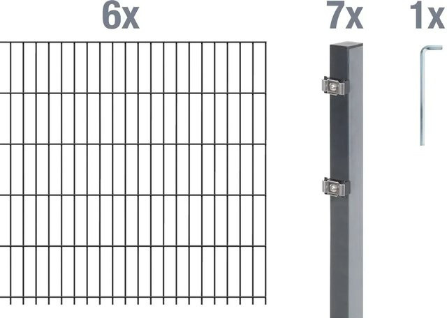 Metallzaun Doppelstabmatte Grund-Set aus Stahl, anthrazit beschichtet, Breite: 6 m, Höhe: 1,2 m, Tiefe: 0,5 m - Bild 1