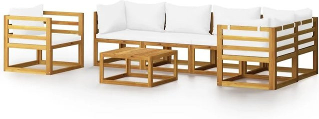 vidaXL 7-tlg Garten-Lounge-Set Modell 5 aus massivem Akazienholz mit cremefarbenen Auflagen in L-Form - Bild 1