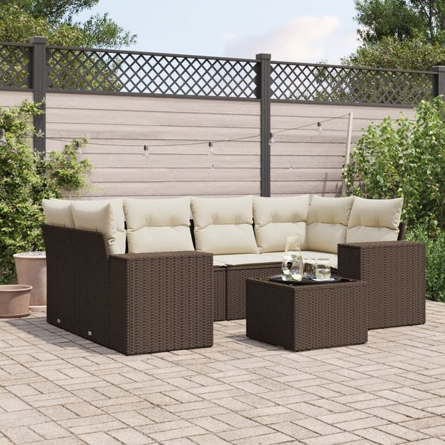 vidaXL 7-tlg. Garten-Sofagarnitur in L-Form aus Polyrattan mit Kissen in Braun - Bild 3