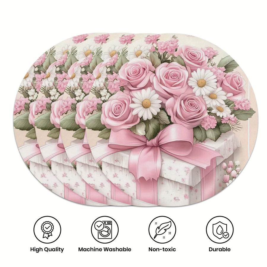 VIKAMA 4-teiliges Blumen-Set mit Essensmatten in Weiß und Rosa mit Gänseblümchen, Rosen und Nelken für Hochzeit und Party - Bild 2