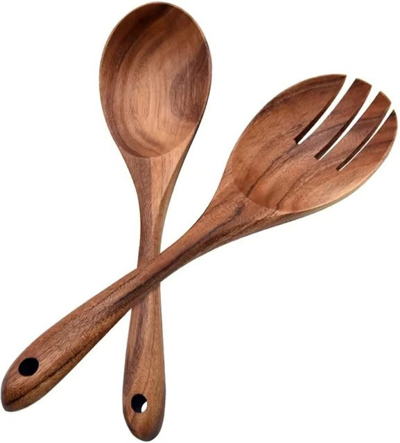 FEB.WIND 2er-Set Holz-Servierlöffel und Salatgabel in Braun mit langem Griff - Bild 1