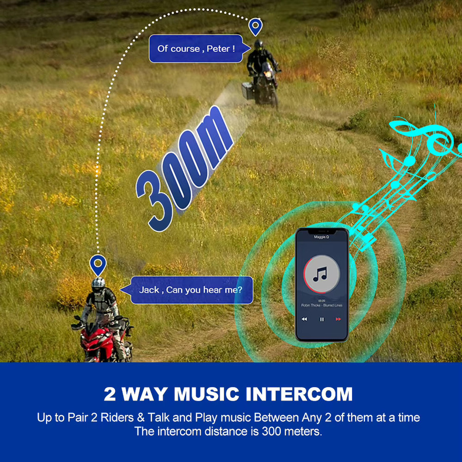 Kebidumei YP10 2X Kabelloses Bluetooth 5.3 Motorradhelm-Intercom-Headset in Schwarz mit 300 m Reichweite und wasserdichter In-Ear Lautsprecher-Kopfhörer - Bild 2