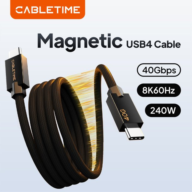 CABLETIME Magnetisches USB4-Kabel USB-C auf USB-C mit 40Gbps, 8K@60Hz und 240W Ladeleistung in Schwarz und Orange - Bild 1