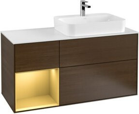V&B Waschtischunterschrank Finion Wandbeleuchtung in Weiß mit Regalelement links Gold, Breite: 120 cm, Höhe: 50,1 cm, Tiefe: 50,1 cm - Bild 1