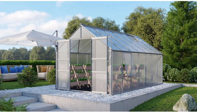 Vitavia Gewächshaus Meridian 2 mit Aluminiumrahmen, Polycarbonat-Platten und Doppelschiebetür, inklusive Dachfenstern, Seitenfenster und Regenrinnen - Bild 1