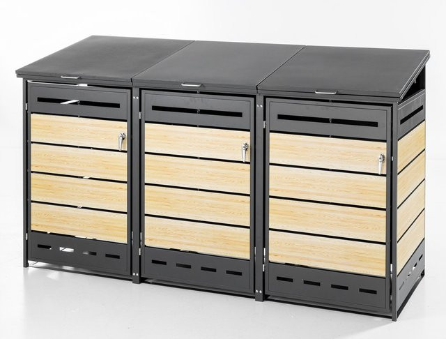HARDIN 3er Mülltonnenverkleidung in Holzoptik aus pulverbeschichtetem Stahl, Anthrazit, B/T/H: 211 x 85 x 130,5 cm - Bild 1
