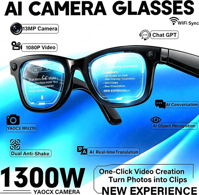Yaocx KI-Smart-Brille in Schwarz mit 13MP-Kamera, Videoaufnahme, KI-Fotoerkennung, Bluetooth-Anruffunktion, Musikwiedergabe und Blaulichtfilter - Bild 1